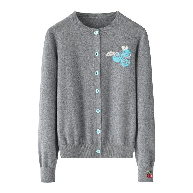 Womens Embroidered Fruit Motif Button - Up Cashmere Cardigan Crew Neck Cashmere Coat