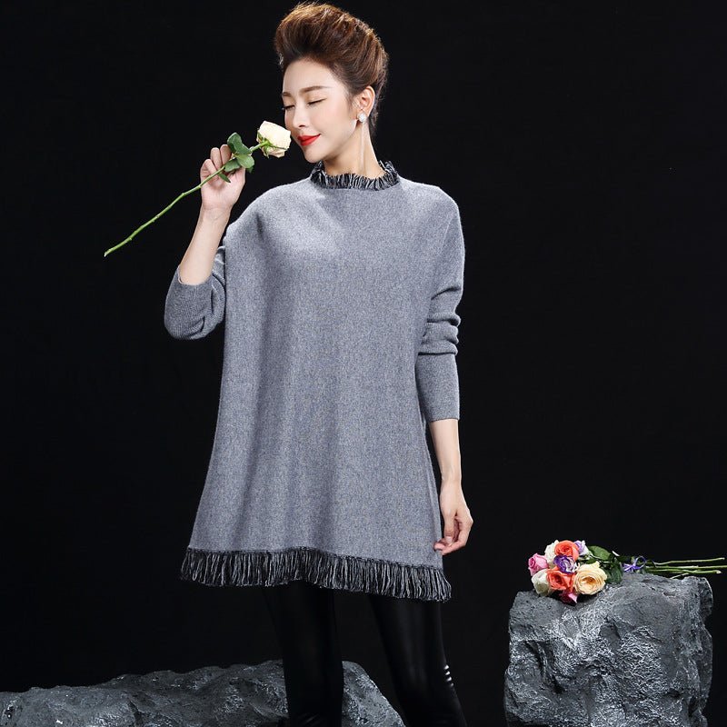 Womens Crew Neck Cashmere Dresses Long Sleeve Cashmere Sweater Dress with Tassel - slipintosoft