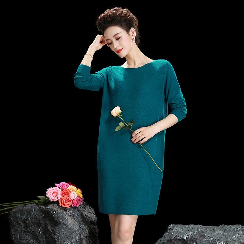 Womens Cashmere Knit Midi Dress Long Sleeve Boat Neck Cashmere Dress