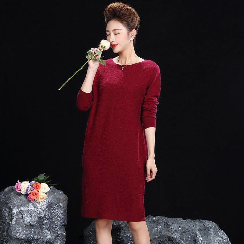 Womens Cashmere Knit Midi Dress Long Sleeve Boat Neck Cashmere Dress