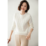 Womens Crew Neck Textured Knit Cashmere Sweater Pullover