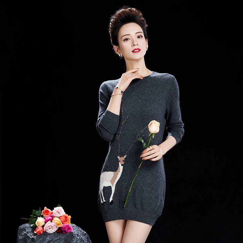 Womens Crew Neck Cashmere Sweater Dress with Deer Embroidery