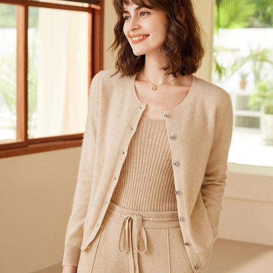 Womens Crew Neck Cashmere Cardigan Button Closure Cashmere Coat