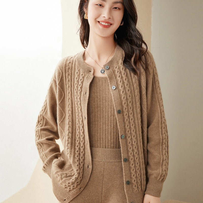 Womens Cable Knit Button - Up Cashmere Cardigan Crew Neck Cashmere Coat