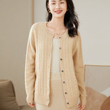 Womens Cable Knit Button - Up Cashmere Cardigan Crew Neck Cashmere Coat