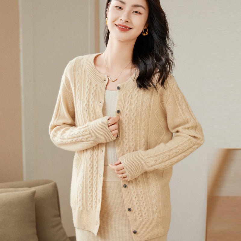 Women's Crewneck Cashmere Cardigans Cable-Knit Button-down Sweater - slipintosoft