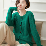 Womens Diamond Cable Knit Button - Up Cashmere Cardigan Crew Neck Coat