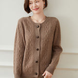 Womens Diamond Cable Knit Button - Up Cashmere Cardigan Crew Neck Coat