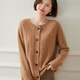 Womens Diamond Cable Knit Button - Up Cashmere Cardigan Crew Neck Coat