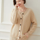 Womens Diamond Cable Knit Button - Up Cashmere Cardigan Crew Neck Coat