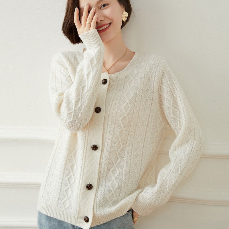 Womens Diamond Cable Knit Button - Up Cashmere Cardigan Crew Neck Coat