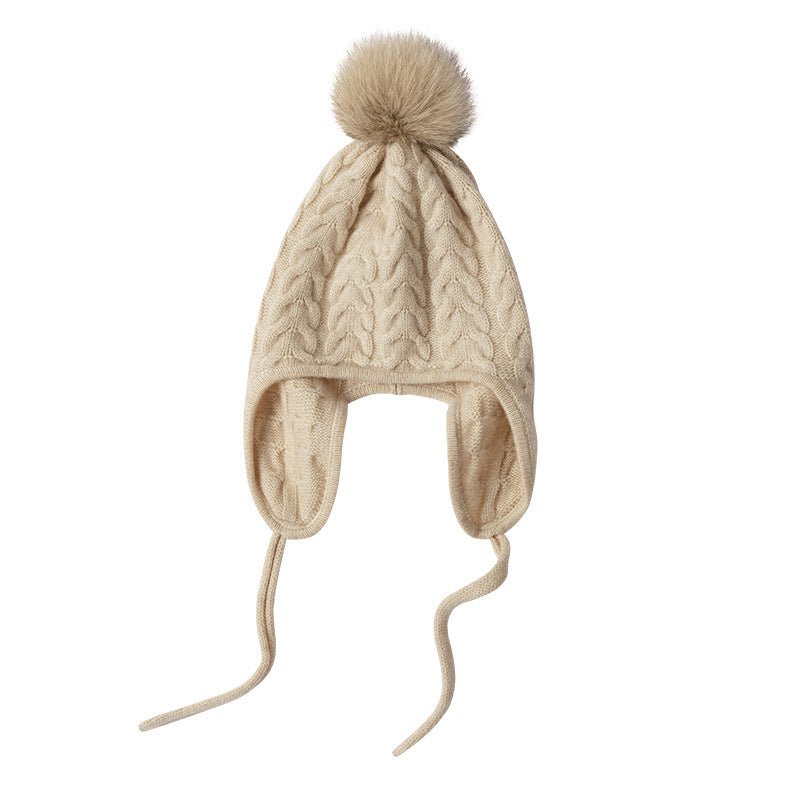 Womens Cashmere Knitted Hat with Fur Pom Cashmere Earflap Cap