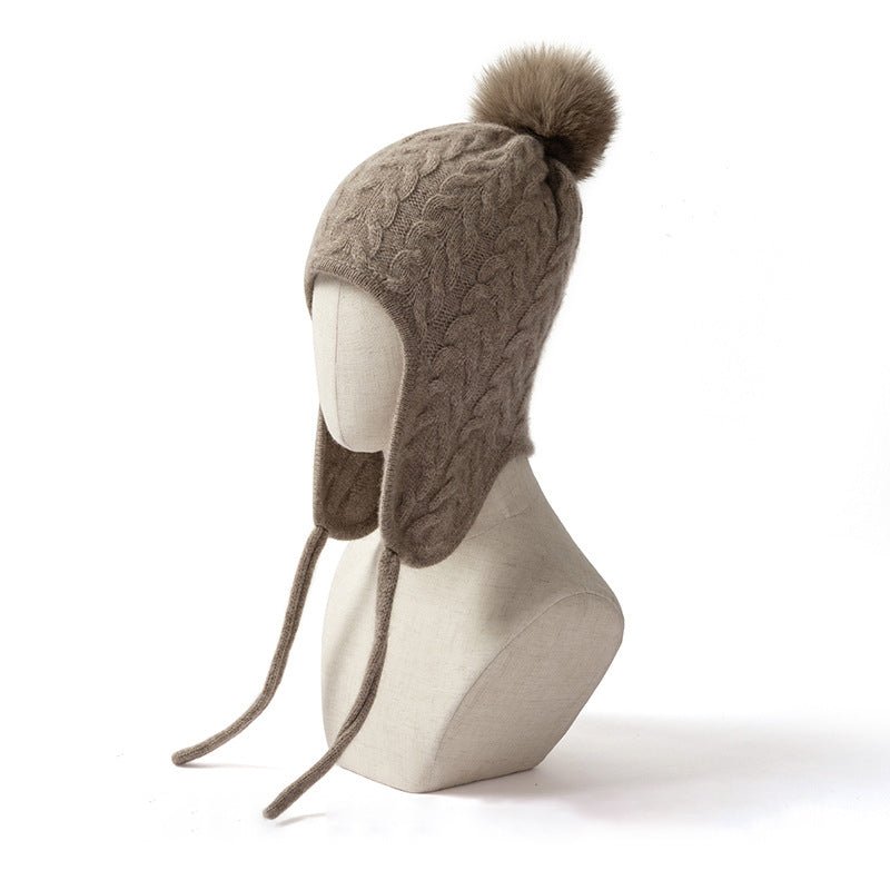 Womens Cashmere Knitted Hat with Fur Pom Cashmere Earflap Cap