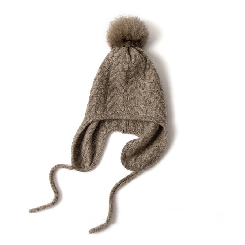 Womens Cute Cashmere Knitted Hat with Fur Pom Warm Cashmere Earflap Cap Cashmere Hats