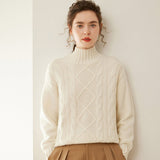 Womens Diamond Knit Cashmere Sweater Turtleneck Cashmere Pullover Ivory XS