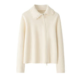 Womens Zip - Up Cashmere Cardigan Lace - Trim Contrast Collar Sweater Coat