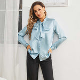 Pure Silk Shirts for Womens Bow Tie Neck Silk Blouse Elegant Long Sleeve Lady Silk Tops - slipintosoft