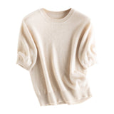 Womens Elbow Sleeve Cashmere Sweater Crew Neck Cashmere Pullover