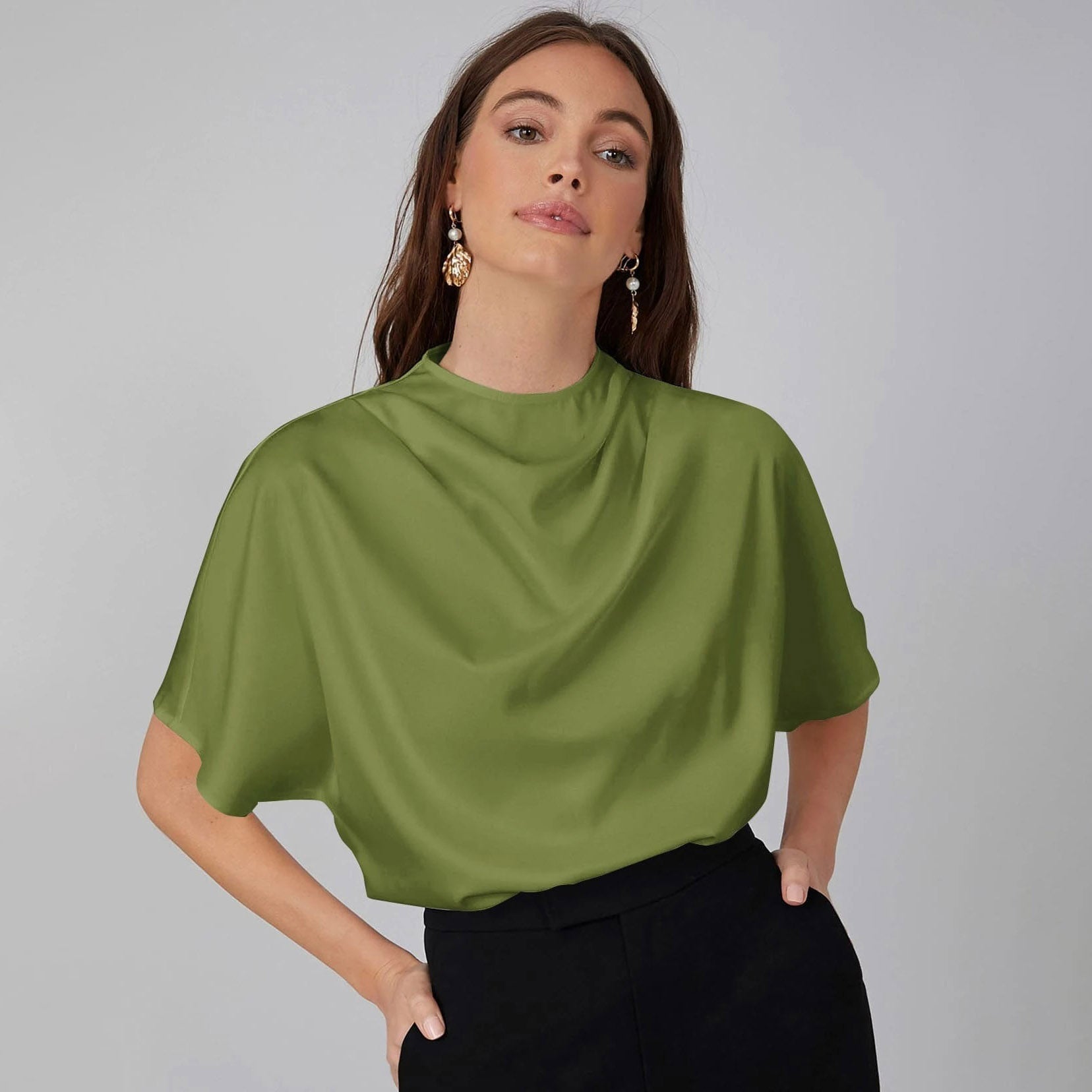 Womens Elegant 100% Mulberry Silk Blouse Short Sleeves Draped Neck Top - slipintosoft