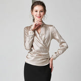 Womens Long Sleeves Loose Wrap Silk Blouse - slipintosoft