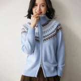 Womens Fair Isle Cashmere Cardigan Full Zip Mock Neck Cashmere Sweater Blue XS