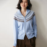 Womens Fair Isle Cashmere Cardigan Full Zip Mock Neck Cashmere Sweater Blue XS