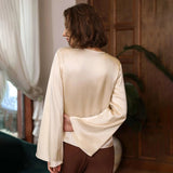 Women's Fashionable V - neck Bell Sleeve Long Sleeve Silk Blouse