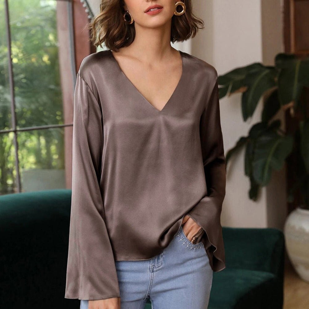 Women's Fashionable V - neck Bell Sleeve Long Sleeve Silk Blouse