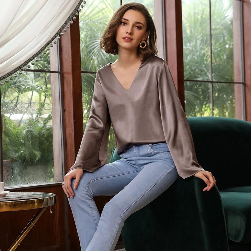 Women's Fashionable V - neck Bell Sleeve Long Sleeve Silk Blouse