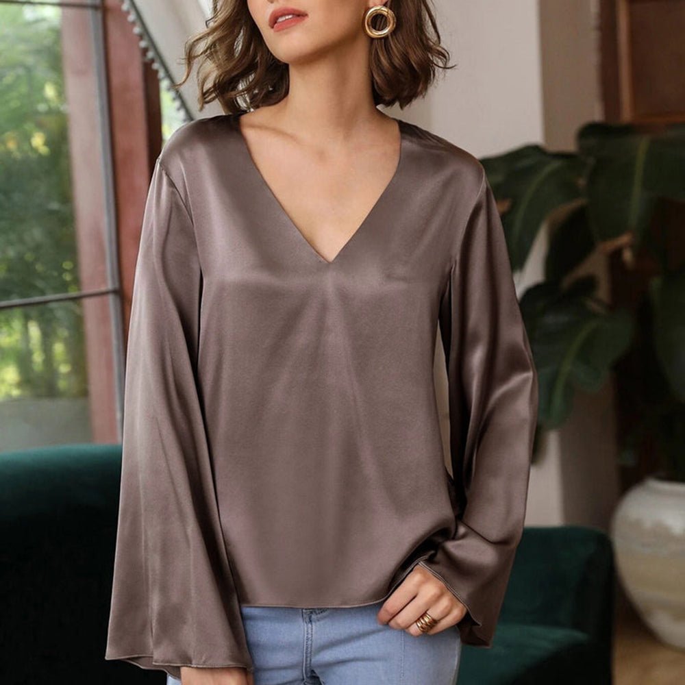 Women's Fashionable V - neck Bell Sleeve Long Sleeve Silk Blouse