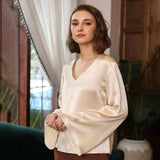 Women's Fashionable V-neck Bell Sleeve Long Sleeve Silk Blouse - slipintosoft