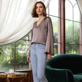 Women's Fashionable V - neck Bell Sleeve Long Sleeve Silk Blouse