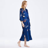 Long 100% Silk Kimono Robe Dark Blue Floral Printed  Women High Waist  Elegant Sleepwear Fancy Night Wears All Sizes -  slipintosoft