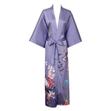 Women's Long Purple Silk Kimono Robe with Sash Colorful Blossoms and Butterflies Paints All Sizes - slipintosoft