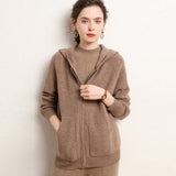 Womens Zip - Up Cashmere Hoodie Front Pockets Long Sleeve Cashmere Coat