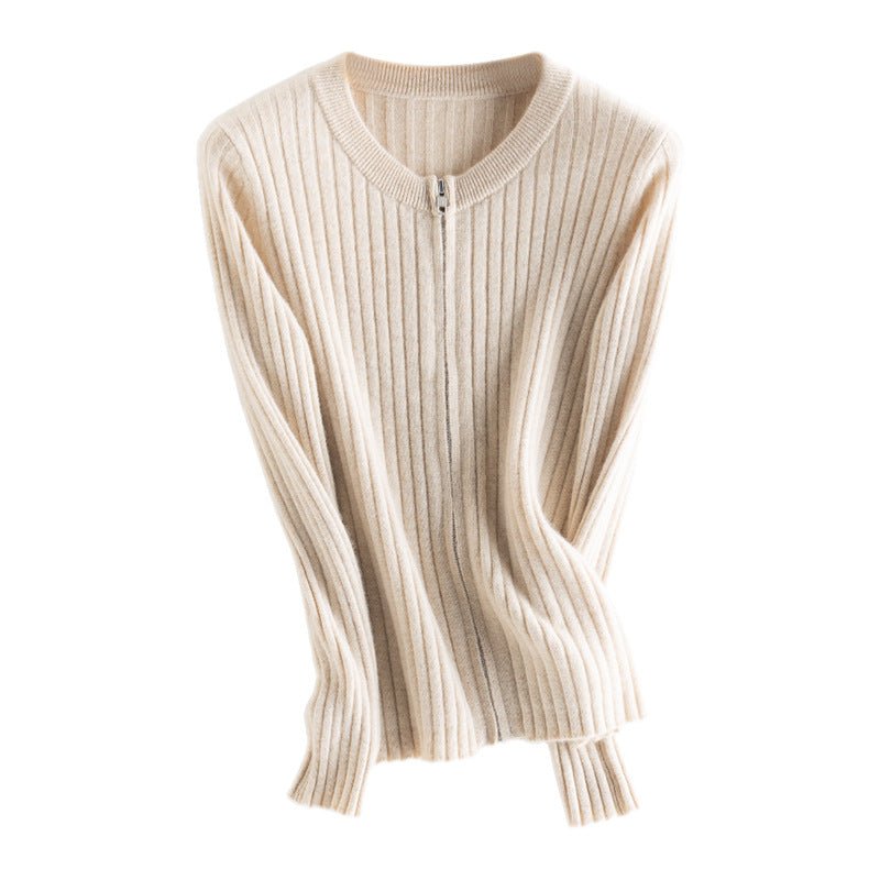 Women's Ribbed Knit Zip - Up Cashmere Sweater Crew Neck Cashmere Coat