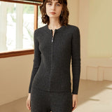 Women's Ribbed Knit Zip - Up Cashmere Sweater Crew Neck Cashmere Coat