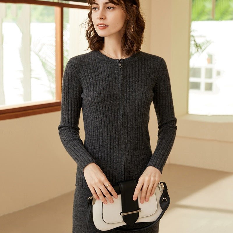 Women's Ribbed Knit Zip - Up Cashmere Sweater Crew Neck Cashmere Coat