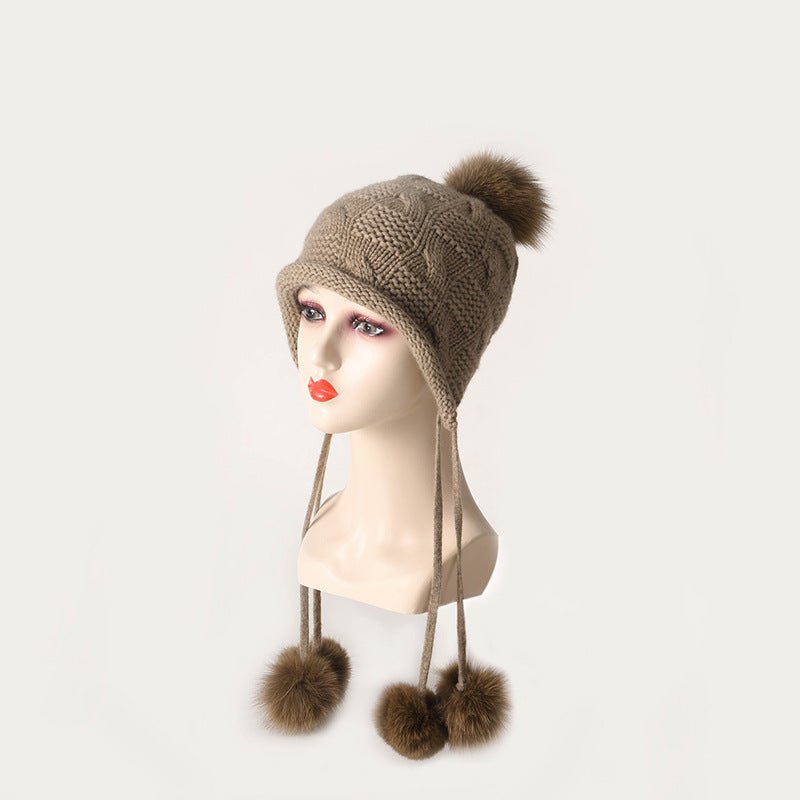 Womens Fur Pom Cashmere Knitted Beanie Ladies Cashmere Hat with Drop Fur Poms Cashmere Hats