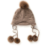 Womens Fur Pom Cashmere Knitted Beanie Ladies Cashmere Hat with Drop Fur Poms