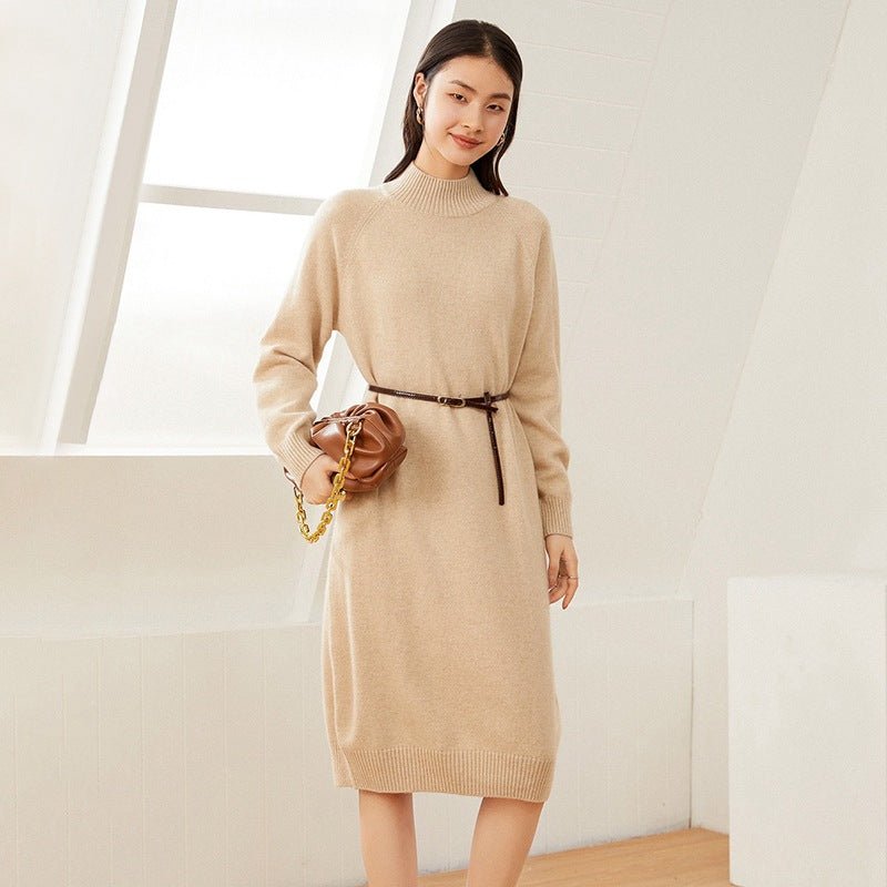 Womens Cashmere Knit Sweater Dress Mock Neck Pure Cashmere Dress