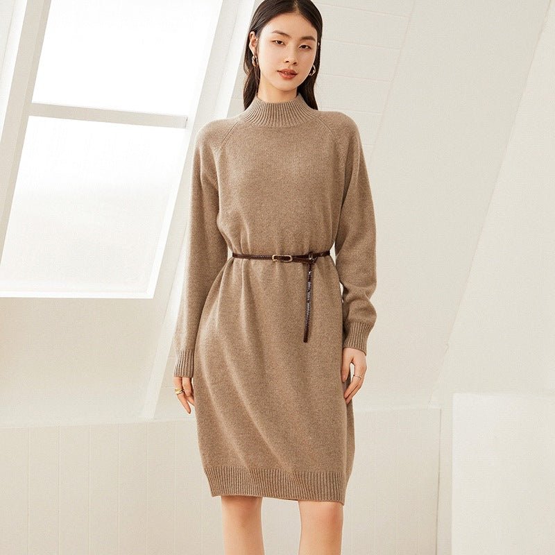 Womens Cashmere Knit Sweater Dress Mock Neck Pure Cashmere Dress