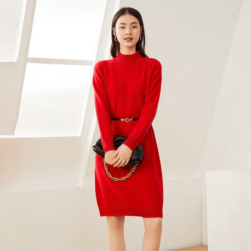 Womens Cashmere Knit Sweater Dress Mock Neck Pure Cashmere Dress