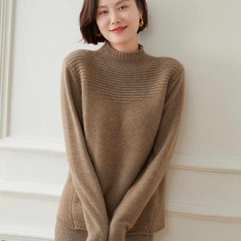 Womens Textured Yoke Mock Neck Long Sleeve Cashmere Sweater