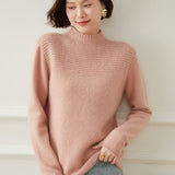 Womens Textured Yoke Mock Neck Long Sleeve Cashmere Sweater