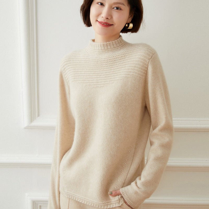 Womens Textured Yoke Mock Neck Long Sleeve Cashmere Sweater