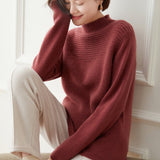 Womens Textured Yoke Mock Neck Long Sleeve Cashmere Sweater