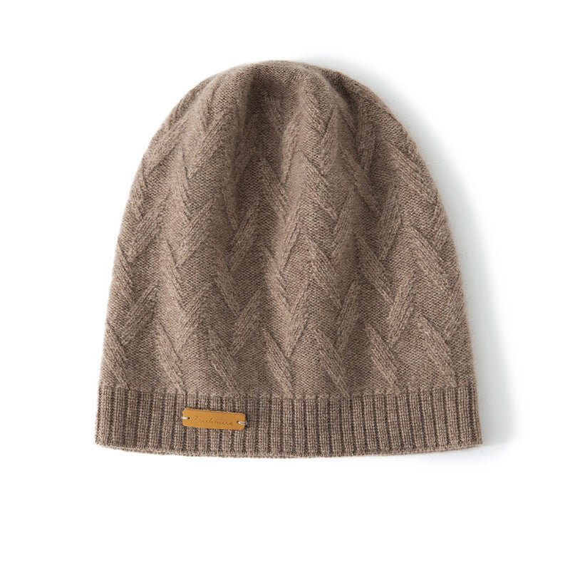 Womens Herringbone Knit Pure Cashmere Beanie Ribbed Edge Cashmere Hat