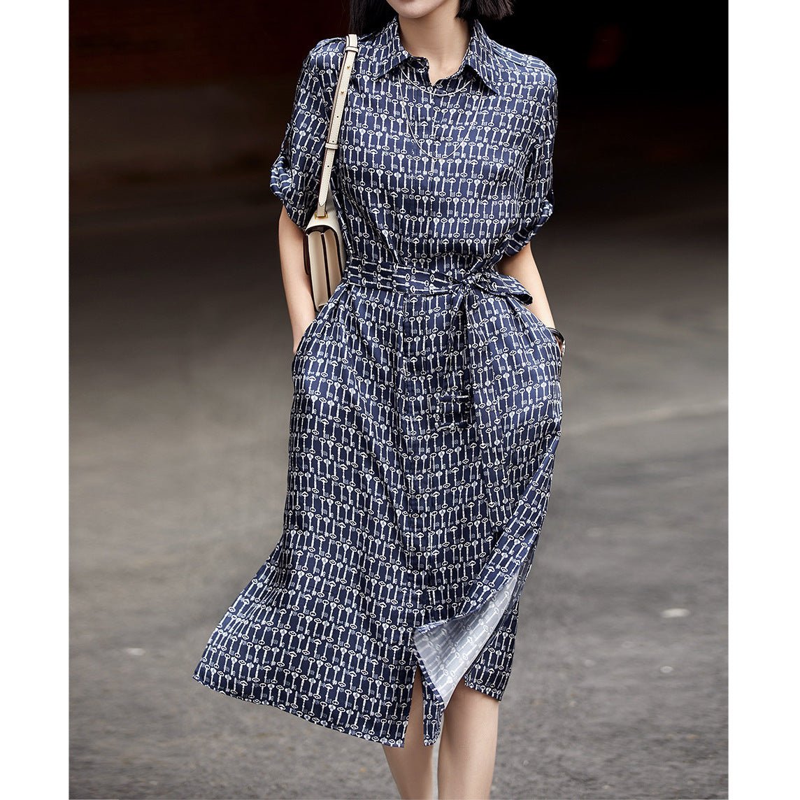 Womens Key Print Silk Shirt Dress Belted Silk Midi Dress Navy Blue XS