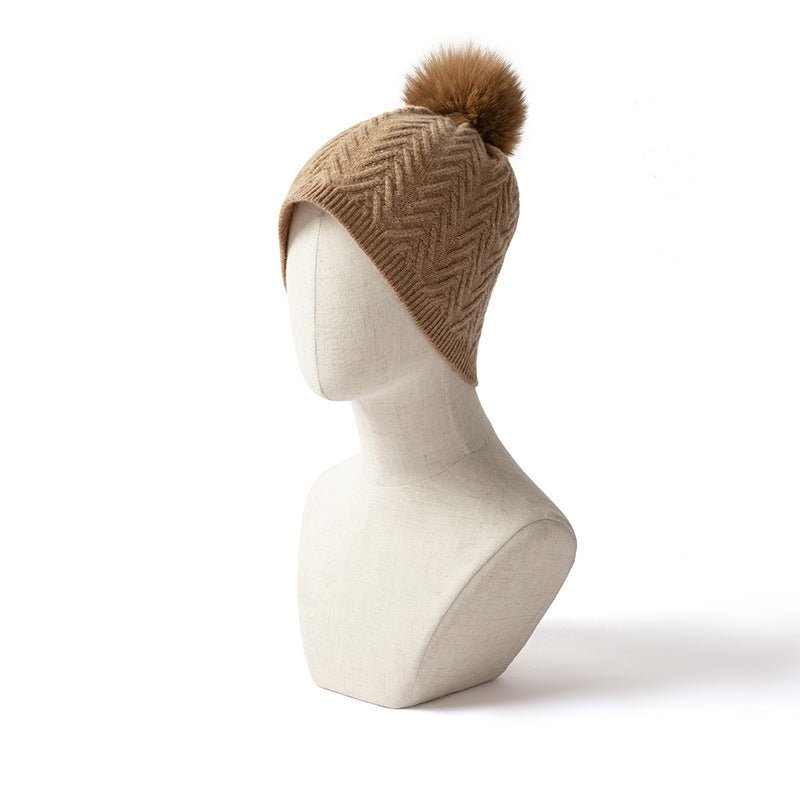 Womens Knitted Cashmere Beanie with Fur Pom Warm Pure Cashmere Hats Multi Colors - slipintosoft